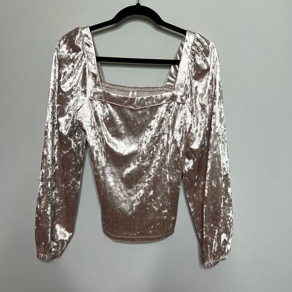 ANTHROPOLOGIE shirt WOMENS small VELVET LONG SLEEVE TOP square neck smocked - Picture 1 of 9